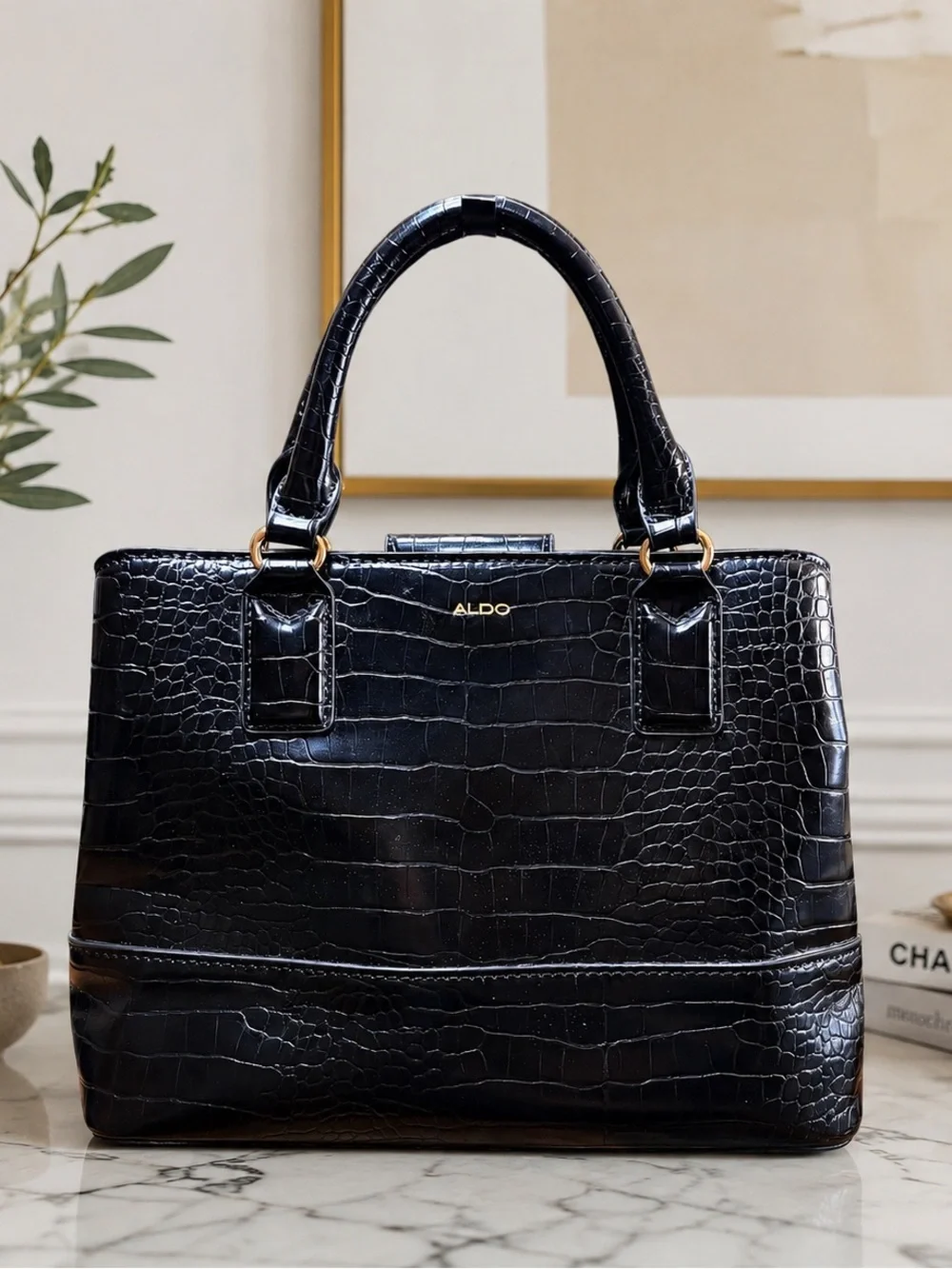 ALDO Limiaa Croc-Embossed Satchel Tote Bag in black 11.5”X12.5”